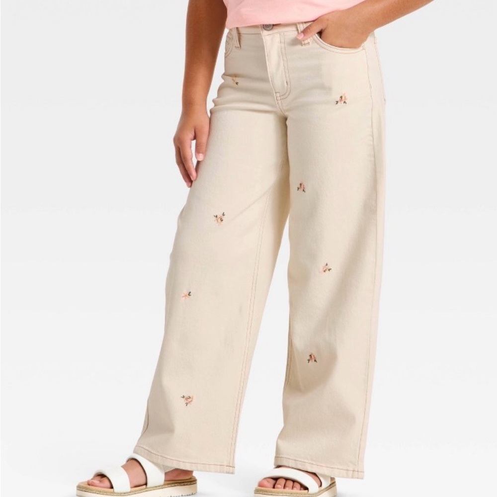 Cat & Jack Cream Wide-Leg Jeans with Embroidered Flowers